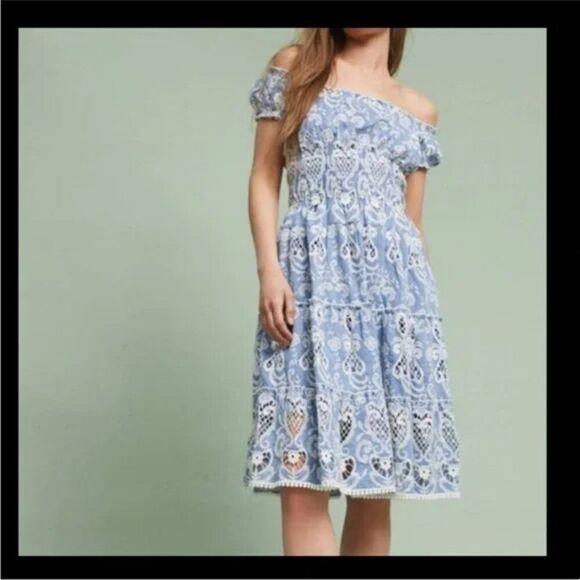 Anthropologie Dresses & Skirts - Payal Jain Mira Cotton Embroidered Off Shoulder Milkmaid Midi Dress 10 #AQ
